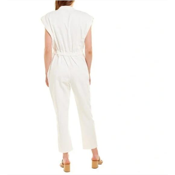 En Saison White Denim Asymmetrical Anthropologie Utility Cropped Jumpsuit XS - Picture 8 of 8